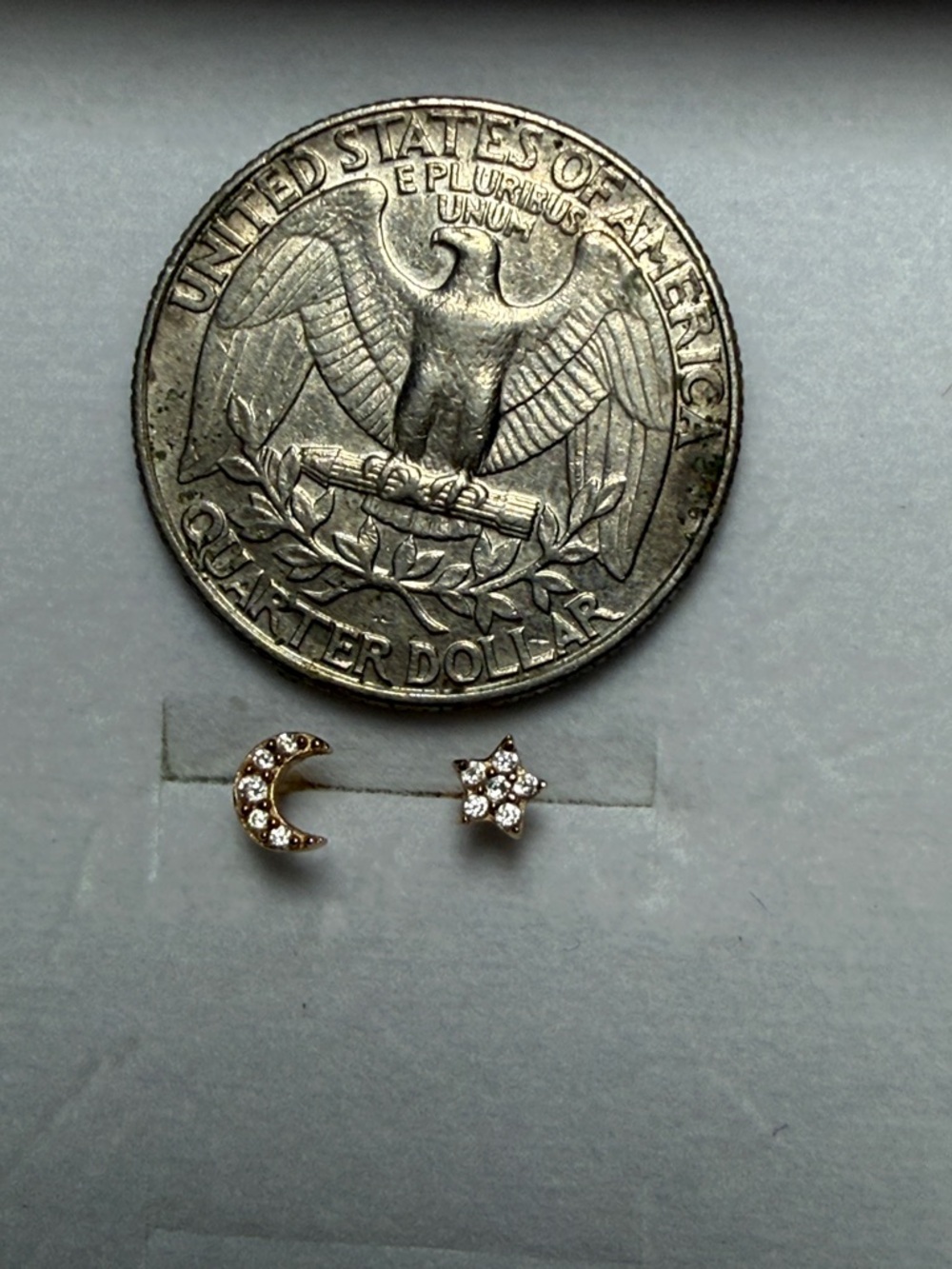14k solid Gold Moon and Star AAA Zirconia Stud Earrings - Asymmetric Celestial - Picture 7 of 17